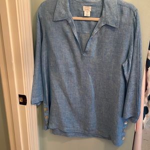 Sigrid Olsen 100% linen blue shirt with shell buttons.